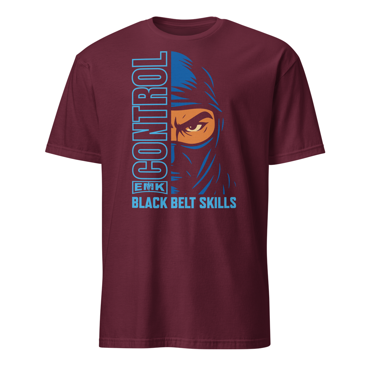 EMK Control Shirt in maroon with blue half-face ninja and vertical CONTROL graphic