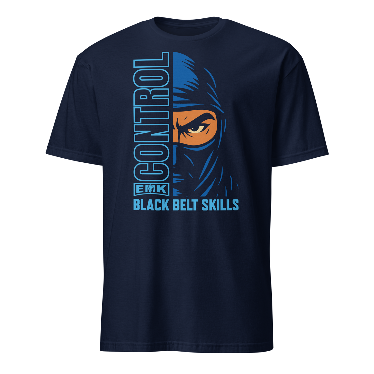 EMK Control Shirt in navy with blue half-face ninja and vertical CONTROL graphic