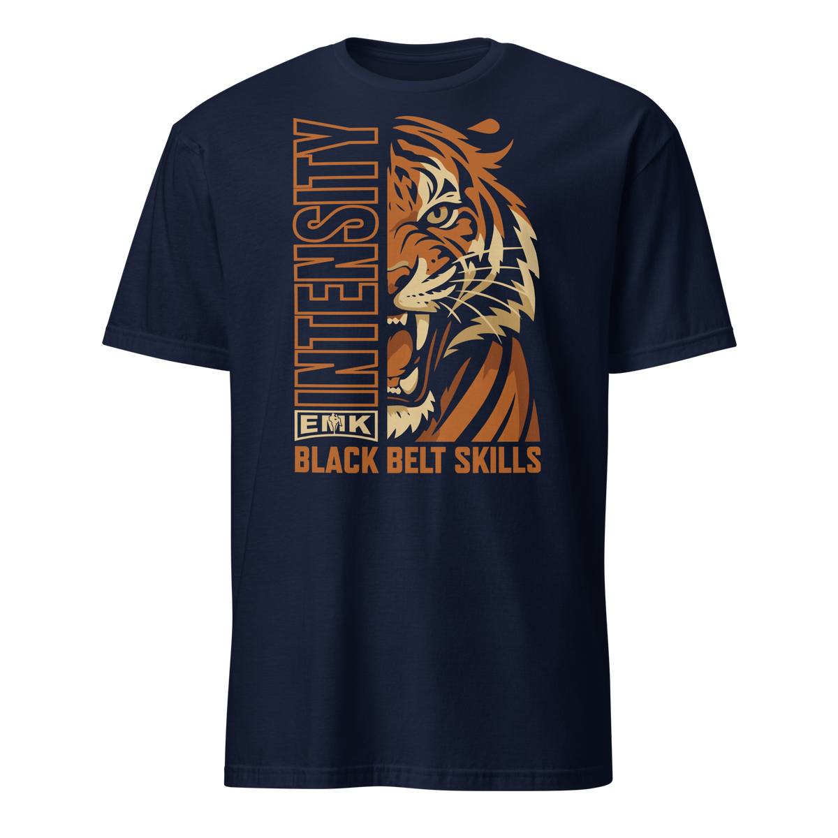 EMK Intensity Shirt in navy with orange roaring tiger and vertical INTENSITY graphic