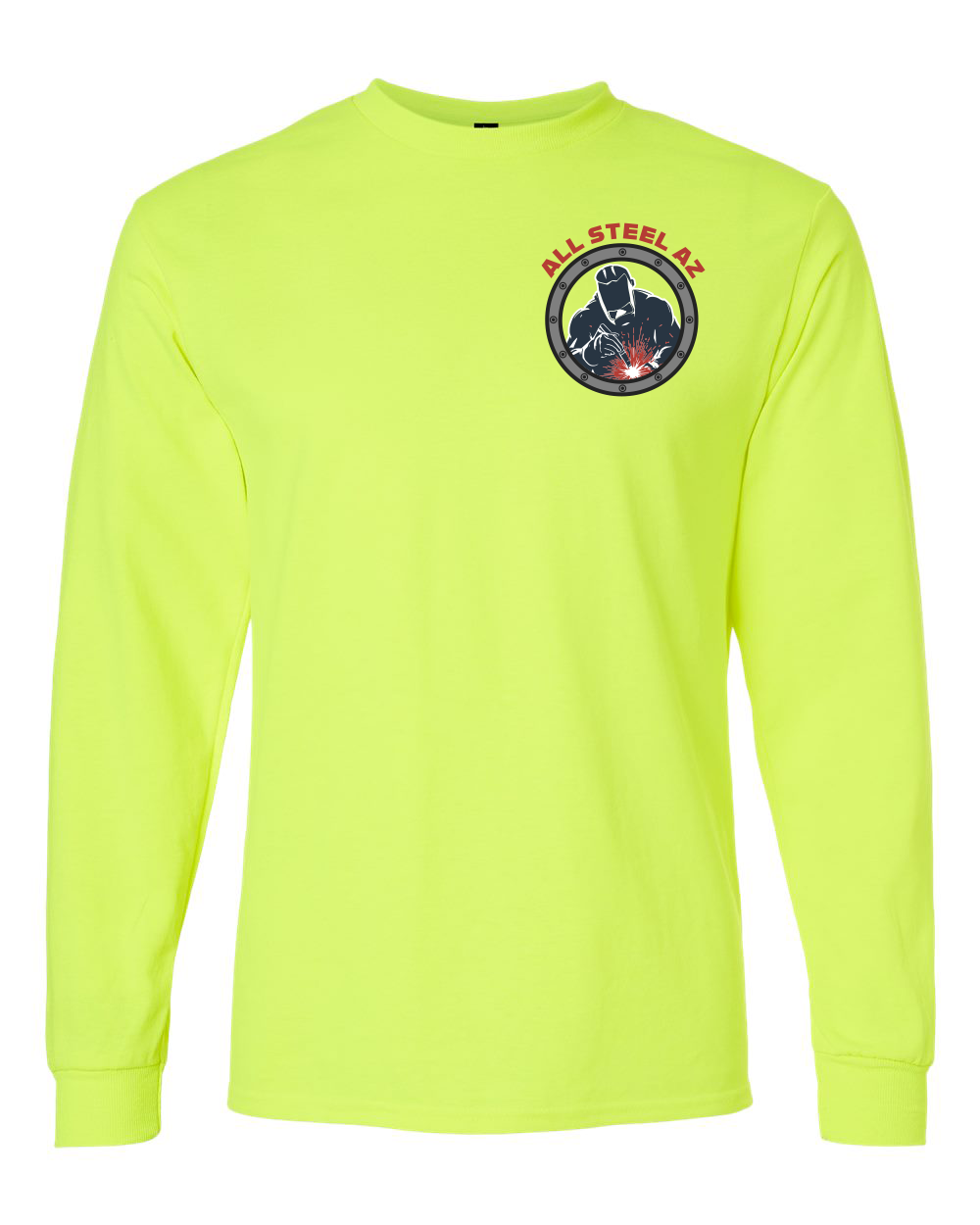 All Steel AZ safety green long sleeve shirt front with welder emblem on the left chest