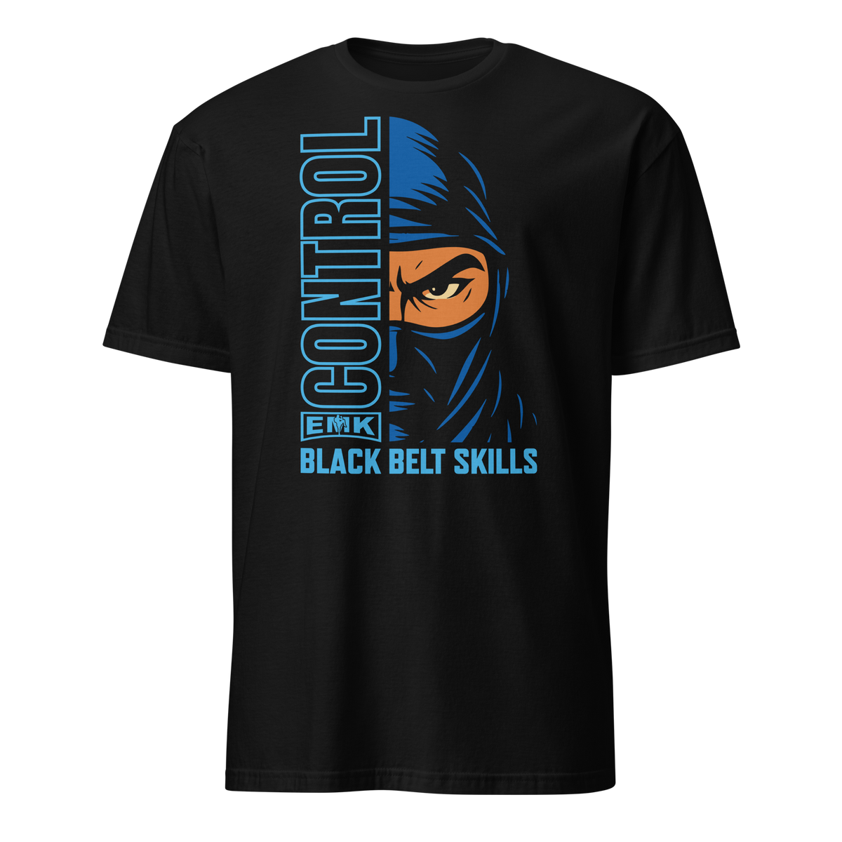 EMK Control Shirt in black with blue half-face ninja and vertical CONTROL graphic