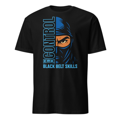 EMK Control Shirt in black with blue half-face ninja and vertical CONTROL graphic