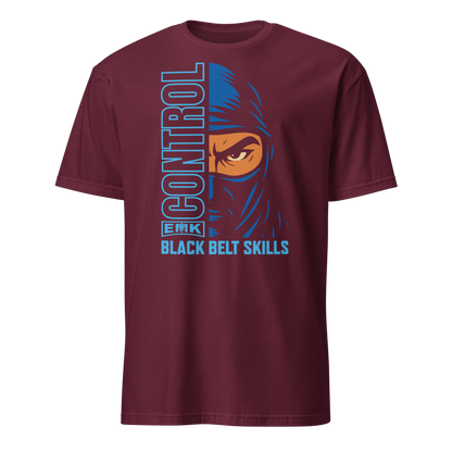 EMK Control Shirt in maroon with blue half-face ninja and vertical CONTROL graphic