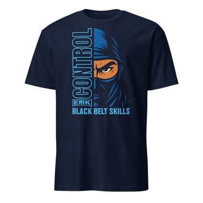 EMK Control Shirt in navy with blue half-face ninja and vertical CONTROL graphic