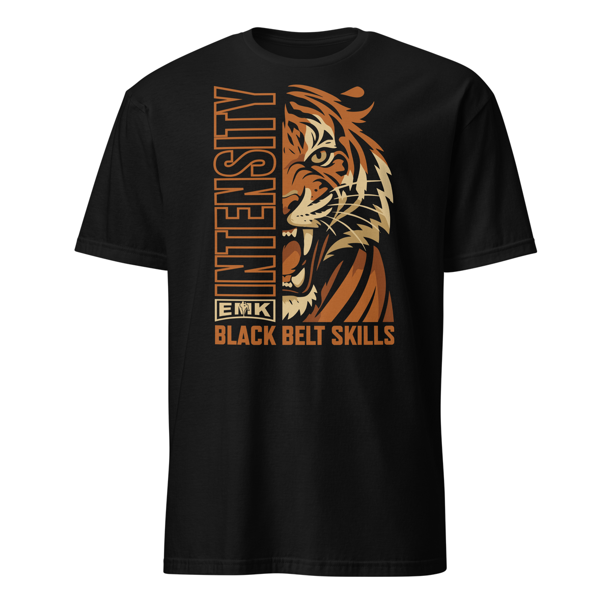 EMK Intensity Shirt in black with orange roaring tiger and vertical INTENSITY graphic