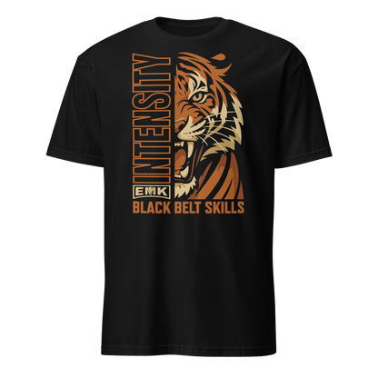 EMK Intensity Shirt in black with orange roaring tiger and vertical INTENSITY graphic
