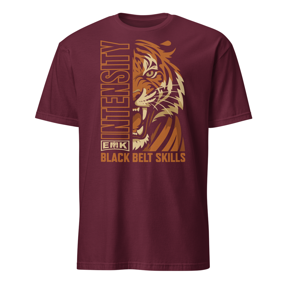 EMK Intensity Shirt in maroon with orange roaring tiger and vertical INTENSITY graphic