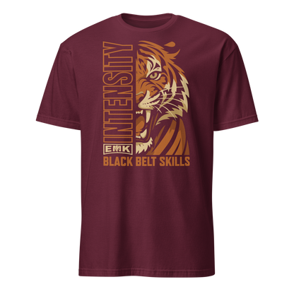 EMK Intensity Shirt in maroon with orange roaring tiger and vertical INTENSITY graphic