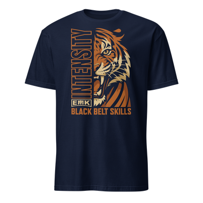 EMK Intensity Shirt in navy with orange roaring tiger and vertical INTENSITY graphic